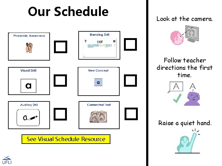 Our Schedule Look at the camera. Follow teacher directions the first time. Raise a