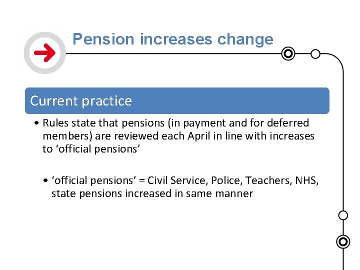 Pension increases change Current practice • Rules state that pensions (in payment and for