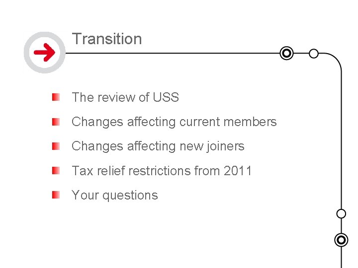 Transition The review of USS Changes affecting current members Changes affecting new joiners Tax