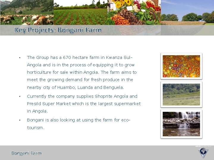 Key Projects: Bongani Farm • The Group has a 670 hectare farm in Kwanza