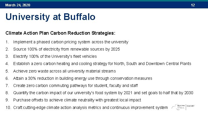 March 24, 2020 12 University at Buffalo Climate Action Plan Carbon Reduction Strategies: 1.