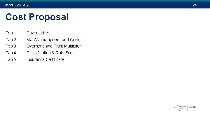 March 24, 2020 Cost Proposal Tab 1 Cover Letter Tab 2 Man/Womanpower and Costs