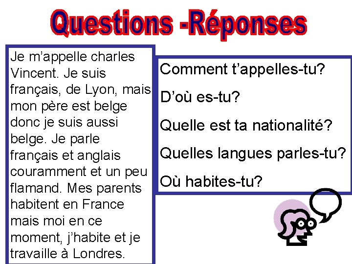 Je m’appelle charles Vincent. Je suis français, de Lyon, mais mon père est belge