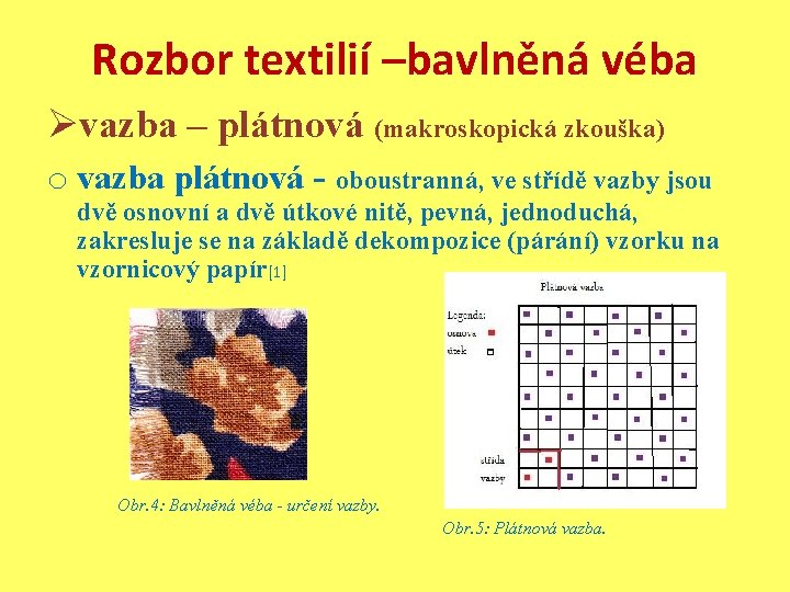 Rozbor textilií –bavlněná véba Øvazba – plátnová (makroskopická zkouška) o vazba plátnová - oboustranná,