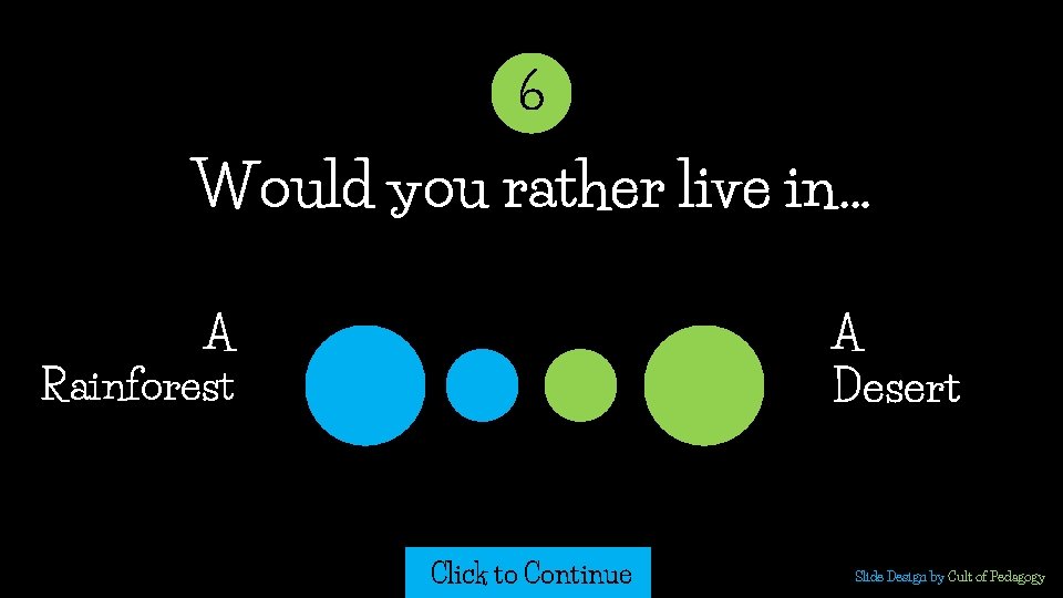 6 Would you rather live in… A A Desert Rainforest Click to Continue Slide 6 Would you rather live in… A A Desert Rainforest Click to Continue Slide