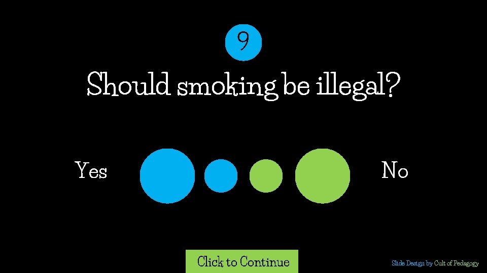 9 Should smoking be illegal? Yes No Click to Continue Slide Design by Cult 9 Should smoking be illegal? Yes No Click to Continue Slide Design by Cult