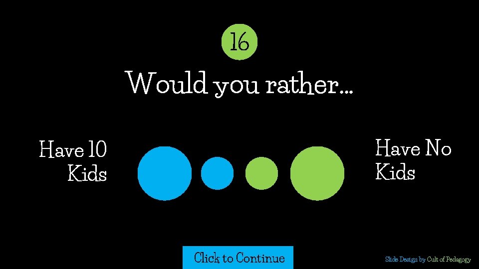 16 Would you rather… Have No Kids Have 10 Kids Click to Continue Slide 16 Would you rather… Have No Kids Have 10 Kids Click to Continue Slide
