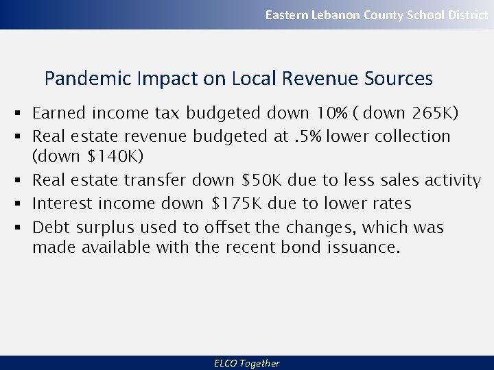 Eastern Lebanon County School District Pandemic Impact on Local Revenue Sources § Earned income