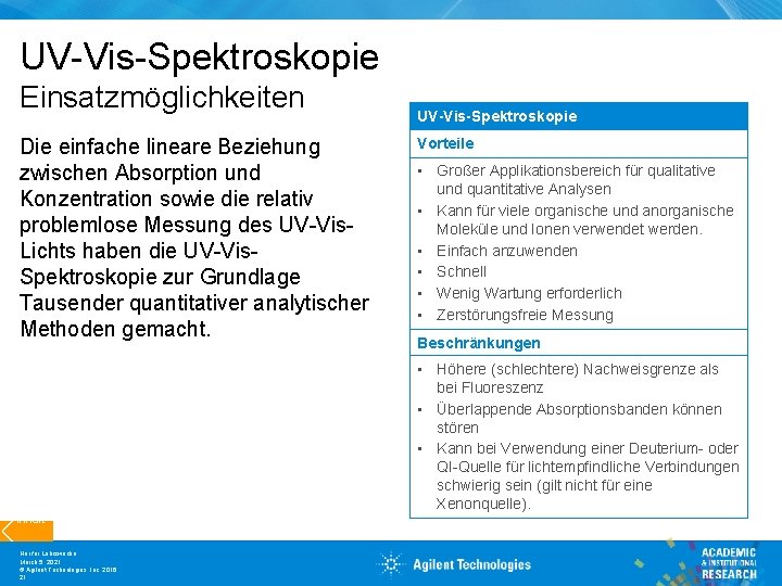 UV-Vis-Spektroskopie Einsatzmöglichkeiten Die einfache lineare Beziehung zwischen Absorption und Konzentration sowie die relativ problemlose