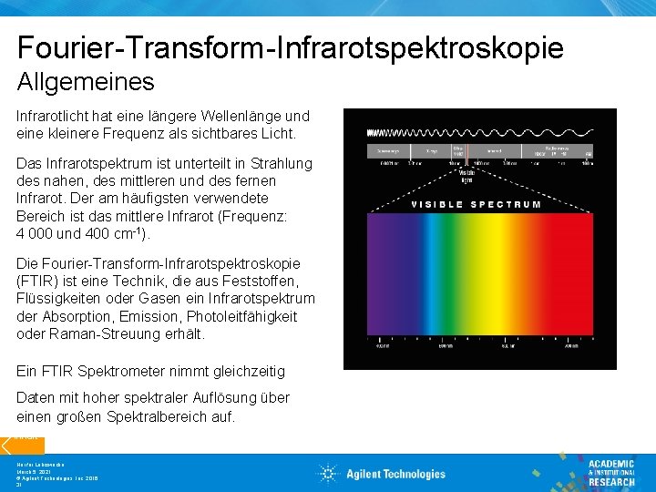 Fourier-Transform-Infrarotspektroskopie Allgemeines Infrarotlicht hat eine längere Wellenlänge und eine kleinere Frequenz als sichtbares Licht.