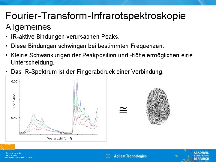 Fourier-Transform-Infrarotspektroskopie Allgemeines • IR-aktive Bindungen verursachen Peaks. • Diese Bindungen schwingen bei bestimmten Frequenzen.