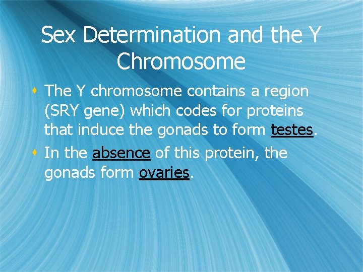 Sex Determination and the Y Chromosome s The Y chromosome contains a region (SRY