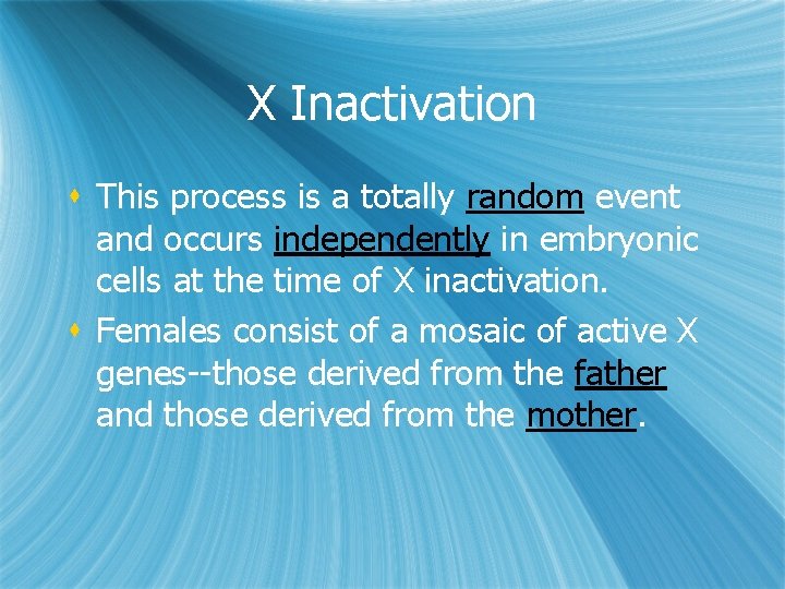 X Inactivation s This process is a totally random event and occurs independently in