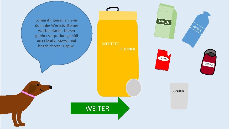 Schau dir genau an, was du in die Wertstofftonne werfen darfst. Hierzu gehört Verpackungsmüll