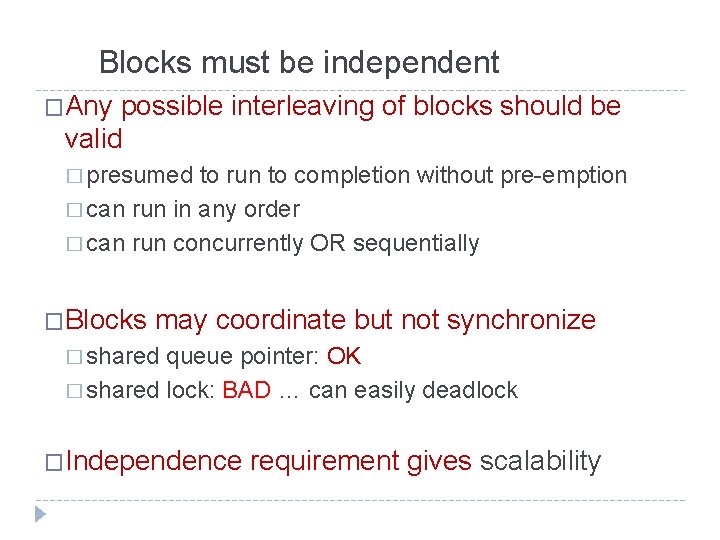 Blocks must be independent �Any possible interleaving of blocks should be valid � presumed