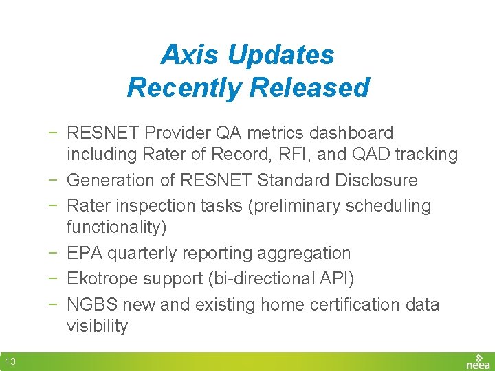 Axis Updates Recently Released − RESNET Provider QA metrics dashboard including Rater of Record,