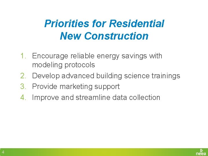 Priorities for Residential New Construction 1. Encourage reliable energy savings with modeling protocols 2.