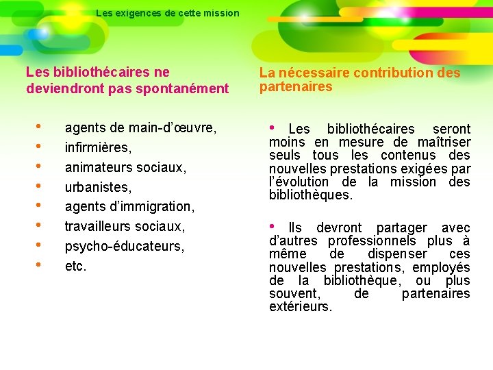 Les exigences de cette mission Les bibliothécaires ne deviendront pas spontanément • • agents
