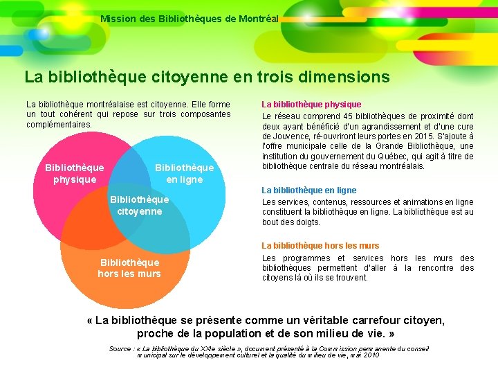 Mission des Bibliothèques de Montréal La bibliothèque citoyenne en trois dimensions La bibliothèque montréalaise