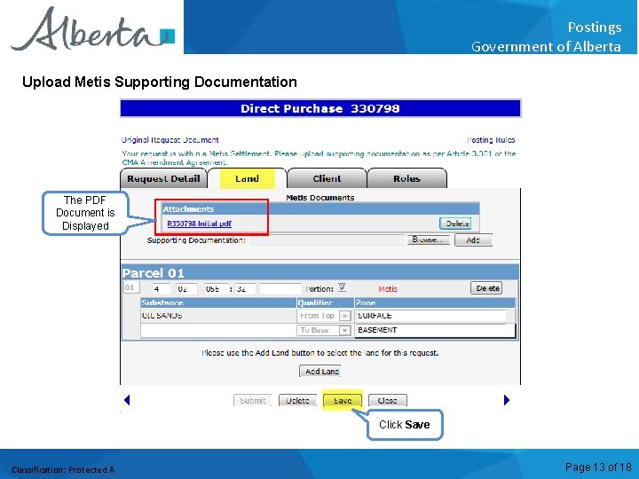 Postings Government of Alberta Upload Metis Supporting Documentation The PDF Document is Displayed Click