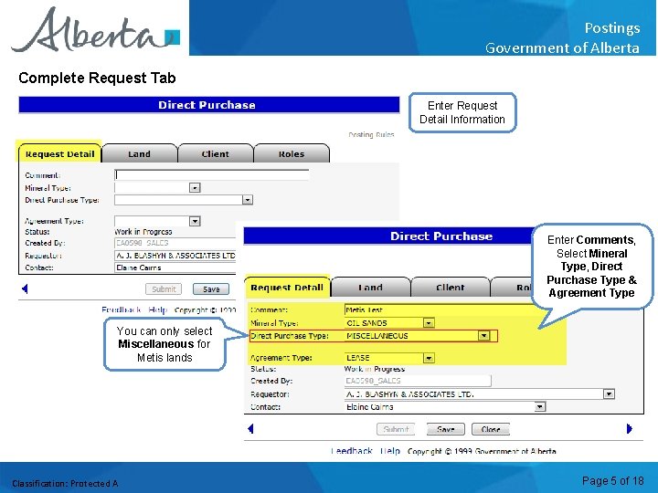 Postings Government of Alberta Complete Request Tab Enter Request Detail Information Enter Comments, Select
