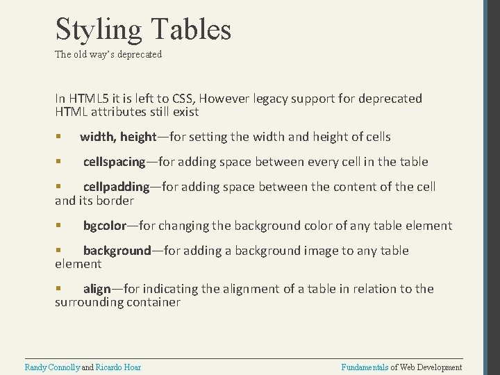 Styling Tables The old way’s deprecated In HTML 5 it is left to CSS,