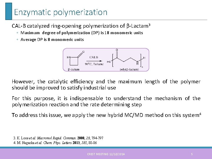 Enzymatic polymerization CAL-B catalyzed ring-opening polymerization of β-Lactam 3 ◦ Maximum degree of polymerization
