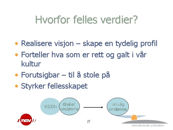 Hvorfor felles verdier? • Realisere visjon – skape en tydelig profil • Forteller hva