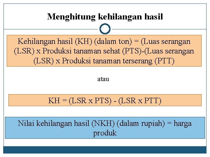 Menghitung kehilangan hasil Kehilangan hasil (KH) (dalam ton) = (Luas serangan (LSR) x Produksi