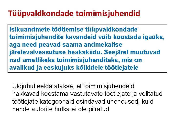 Tüüpvaldkondade toimimisjuhendid Isikuandmete töötlemise tüüpvaldkondade toimimisjuhendite kavandeid võib koostada igaüks, aga need peavad saama
