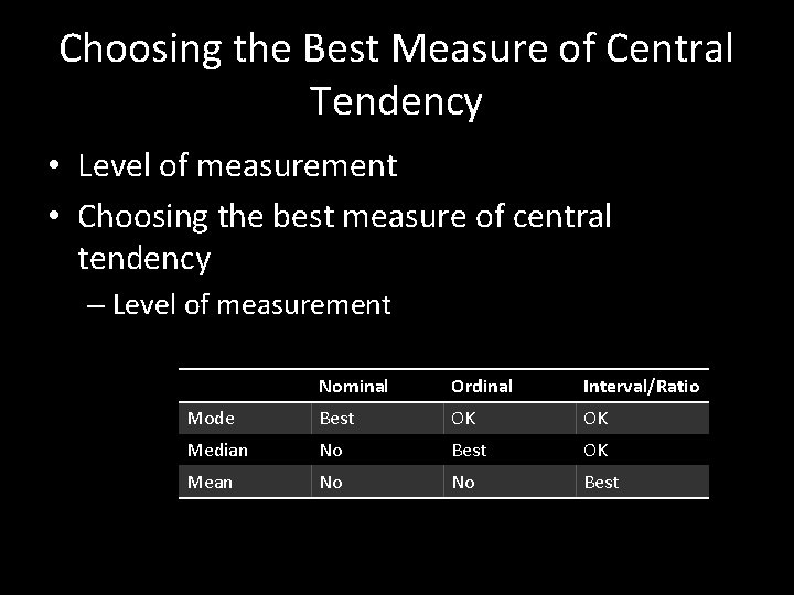 Choosing the Best Measure of Central Tendency • Level of measurement • Choosing the Choosing the Best Measure of Central Tendency • Level of measurement • Choosing the
