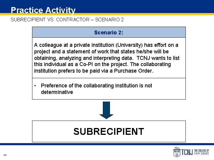 Practice Activity SUBRECIPIENT VS. CONTRACTOR – SCENARIO 2 Scenario 2: A colleague at a