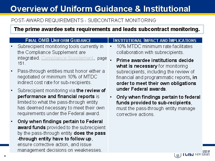 Overview of Uniform Guidance & Institutional Impact POST-AWARD REQUIREMENTS - SUBCONTRACT MONITORING The prime