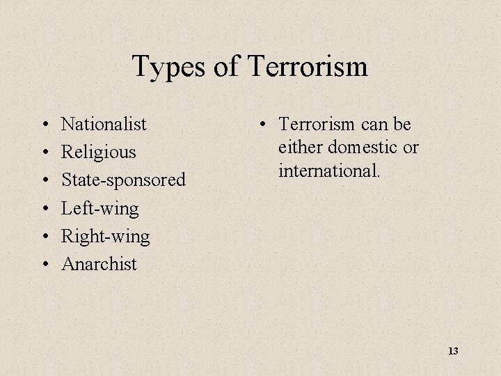 Types of Terrorism • • • Nationalist Religious State-sponsored Left-wing Right-wing Anarchist • Terrorism