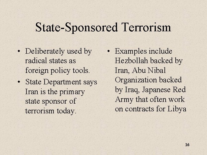 State-Sponsored Terrorism • Deliberately used by • Examples include radical states as Hezbollah backed