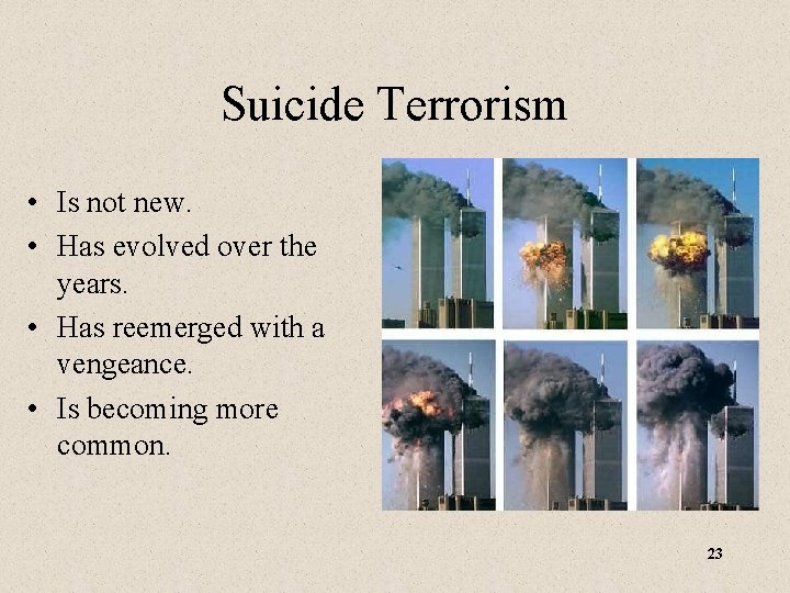 Suicide Terrorism • Is not new. • Has evolved over the years. • Has