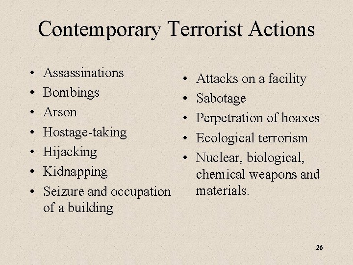 Contemporary Terrorist Actions • • Assassinations Bombings Arson Hostage-taking Hijacking Kidnapping Seizure and occupation