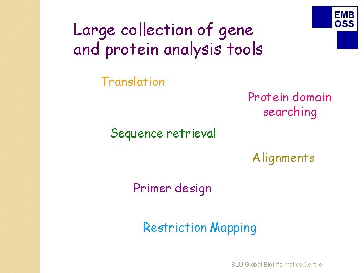 Large collection of gene and protein analysis tools Translation Protein domain searching Sequence retrieval