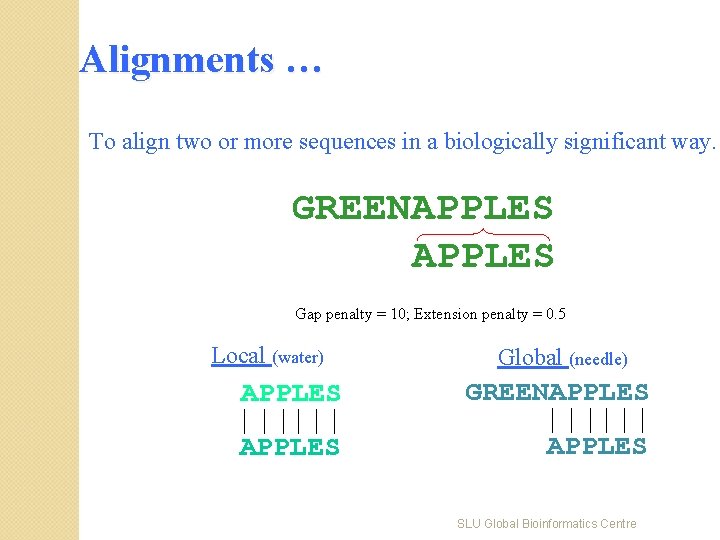 Alignments … To align two or more sequences in a biologically significant way. GREENAPPLES
