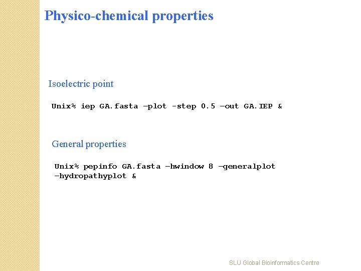 Physico-chemical properties Isoelectric point Unix% iep GA. fasta –plot -step 0. 5 –out GA.
