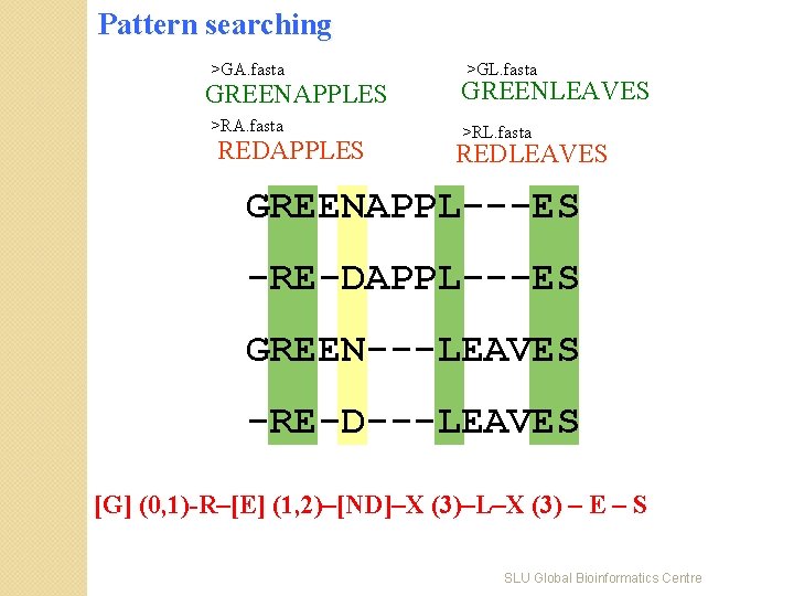 Pattern searching >GA. fasta GREENAPPLES >RA. fasta REDAPPLES >GL. fasta GREENLEAVES >RL. fasta REDLEAVES