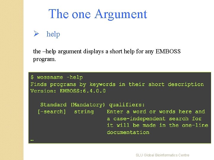 The one Argument Ø help the –help argument displays a short help for any