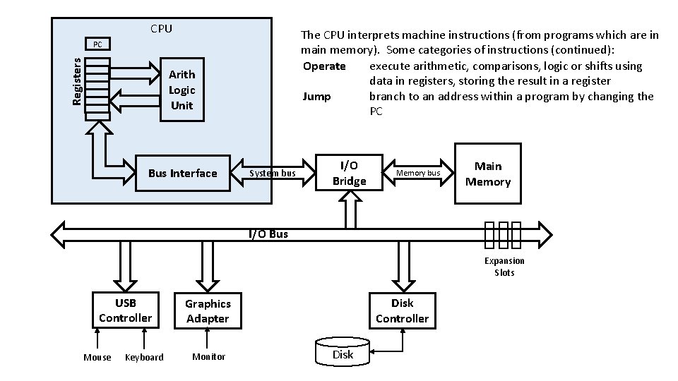 CPU The CPU interprets machine instructions (from programs which are in main memory). Some