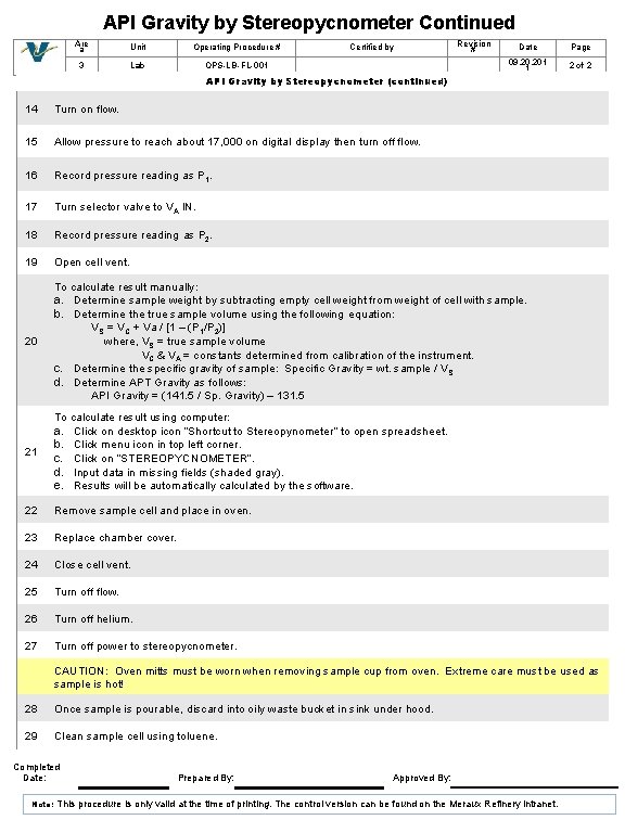 API Gravity by Stereopycnometer Continued Are a Unit Operating Procedure # 3 Lab OPS-LB-FL-001