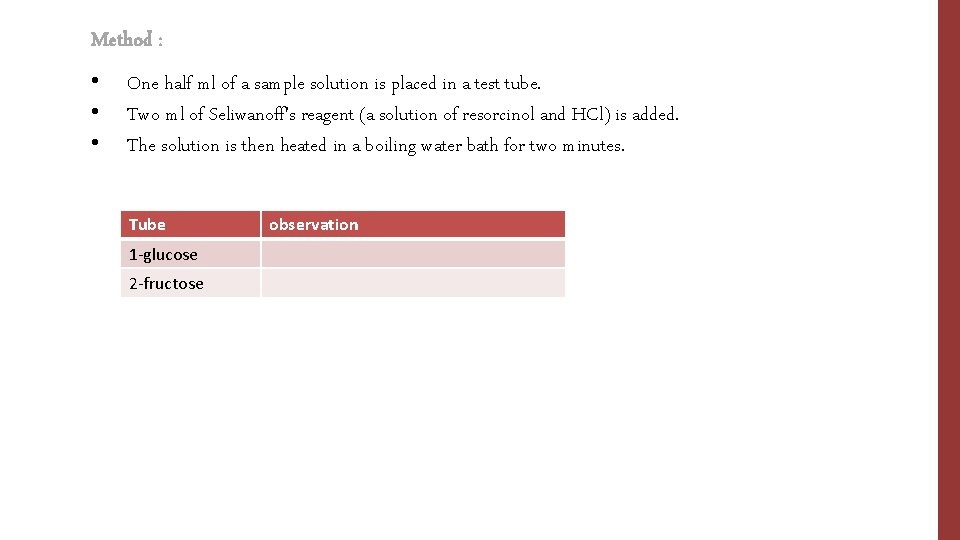 Method : • • • One half ml of a sample solution is placed