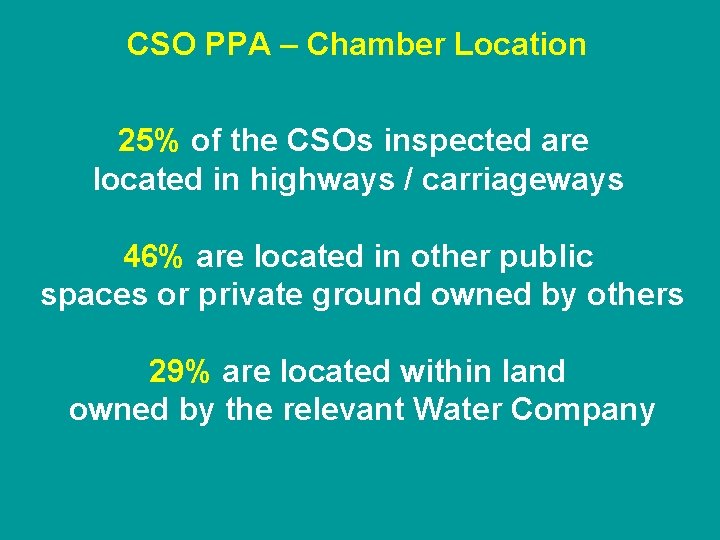 CSO PPA – Chamber Location 25% of the CSOs inspected are located in highways