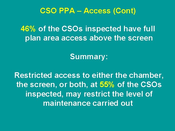 CSO PPA – Access (Cont) 46% of the CSOs inspected have full plan area