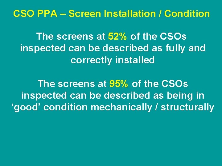 CSO PPA – Screen Installation / Condition The screens at 52% of the CSOs