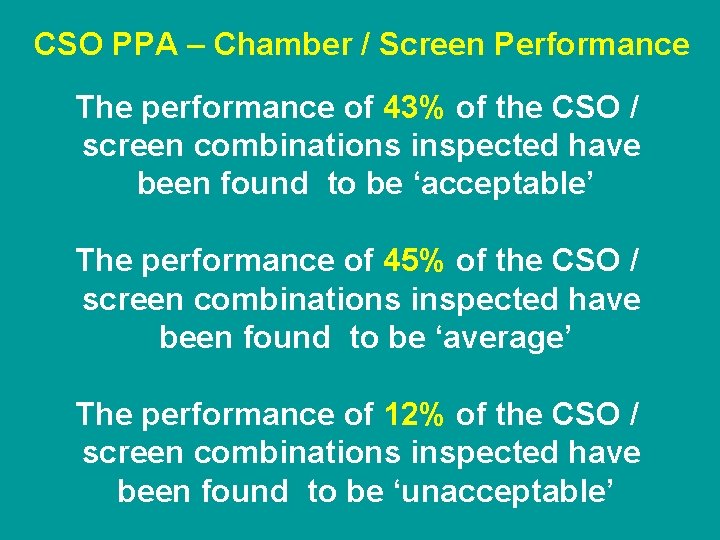 CSO PPA – Chamber / Screen Performance The performance of 43% of the CSO