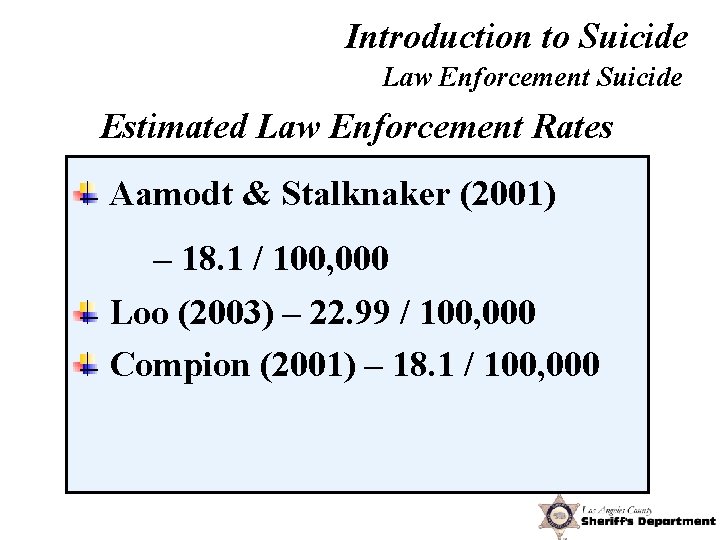 Introduction to Suicide Law Enforcement Suicide Estimated Law Enforcement Rates Aamodt & Stalknaker (2001)